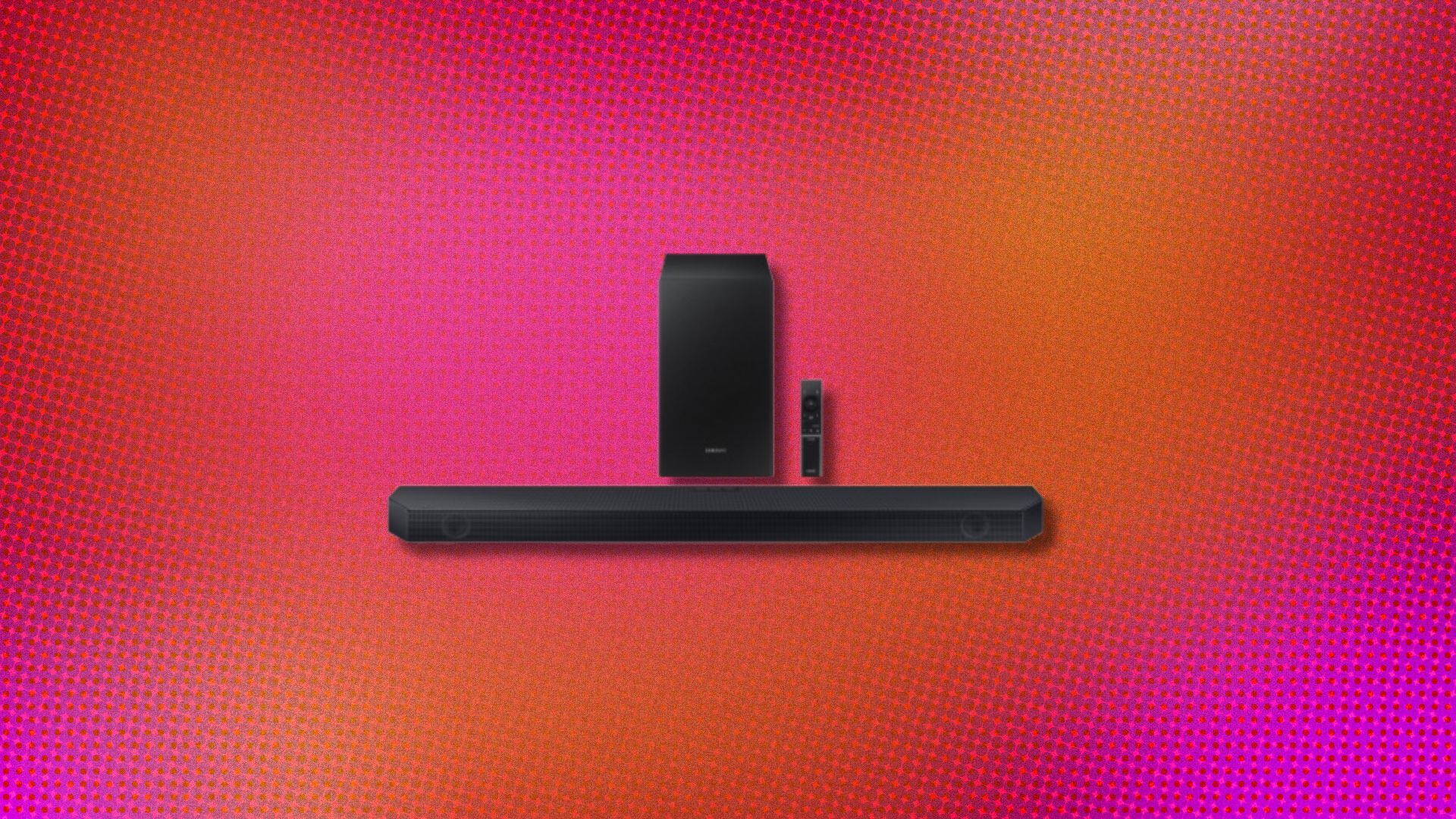 a black samsung soundbar on a pink and orange pixelated background