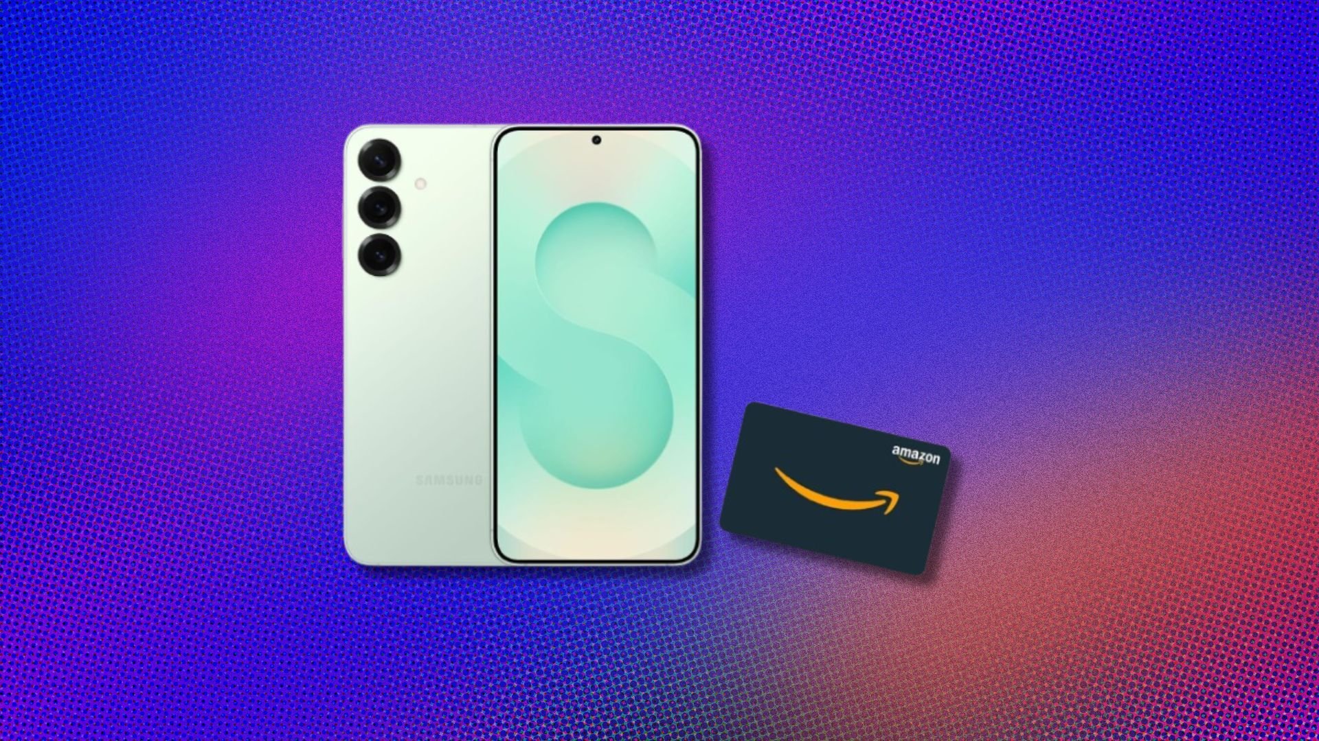 the new samsung galazy s25+ phone with an amazon gift card on a purple background