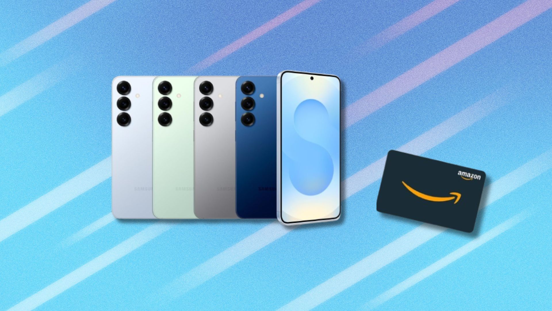 the new samsung galaxy s25 phones in a row with an amazon gift card beside them, on a blue background with white stripes