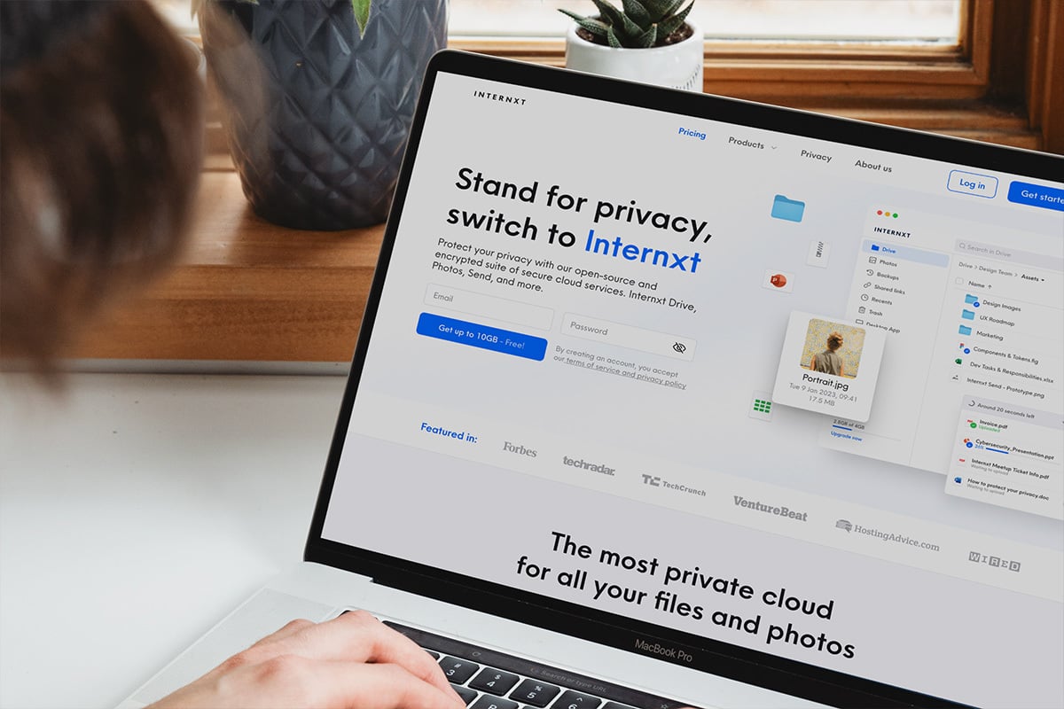 Internxt Cloud Storage website on a laptop screen
