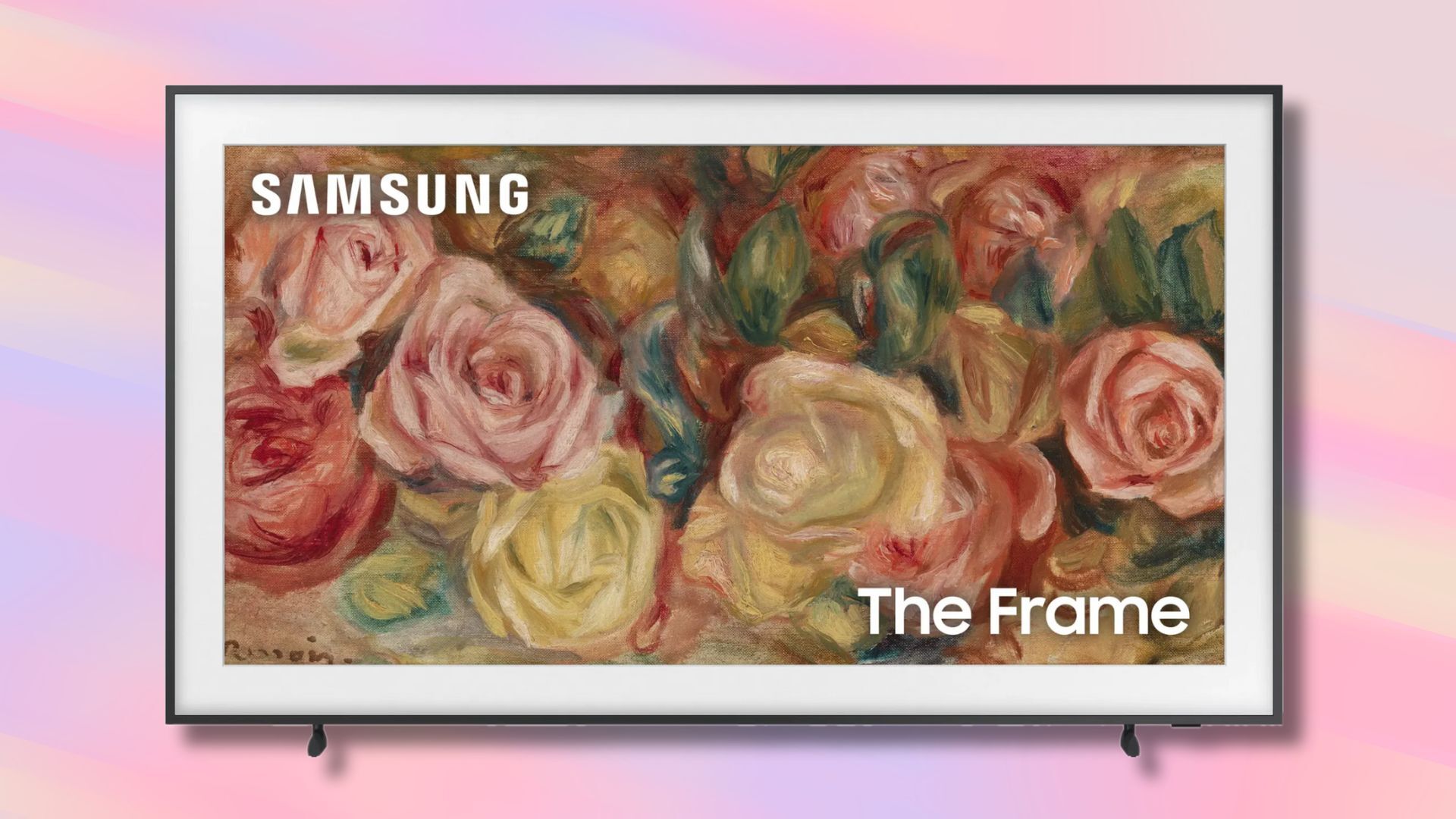 samsung the frame tv on a pink, purple, and yellow striped background