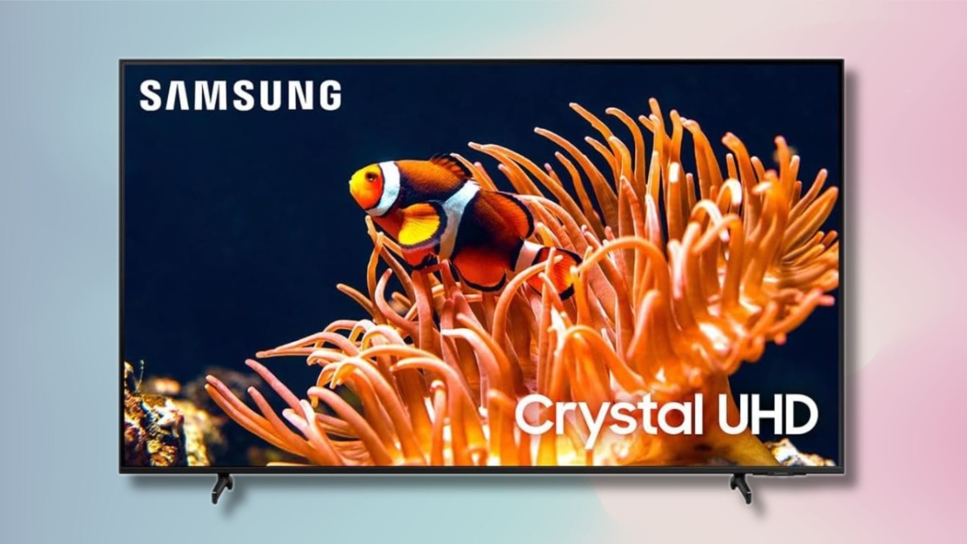 samsung 85-inch 4k crystal uhd du8000 smart tv against a light blue and light pink gradient background