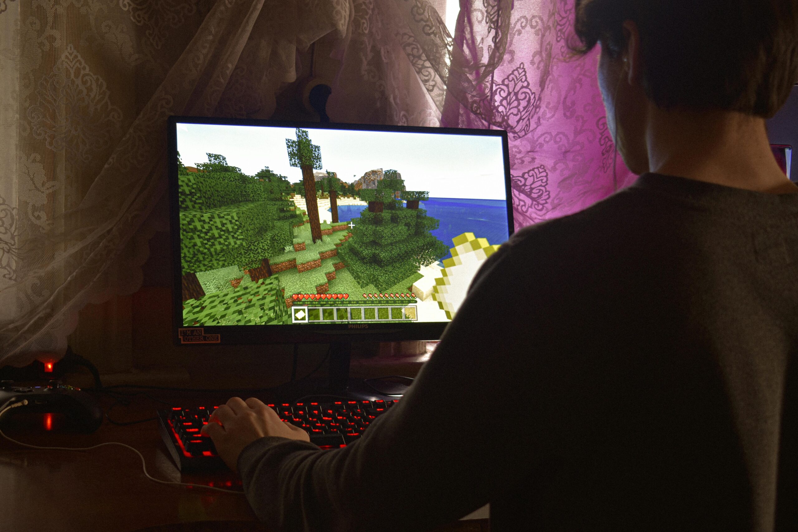 a man playing minecraft on gaming PC