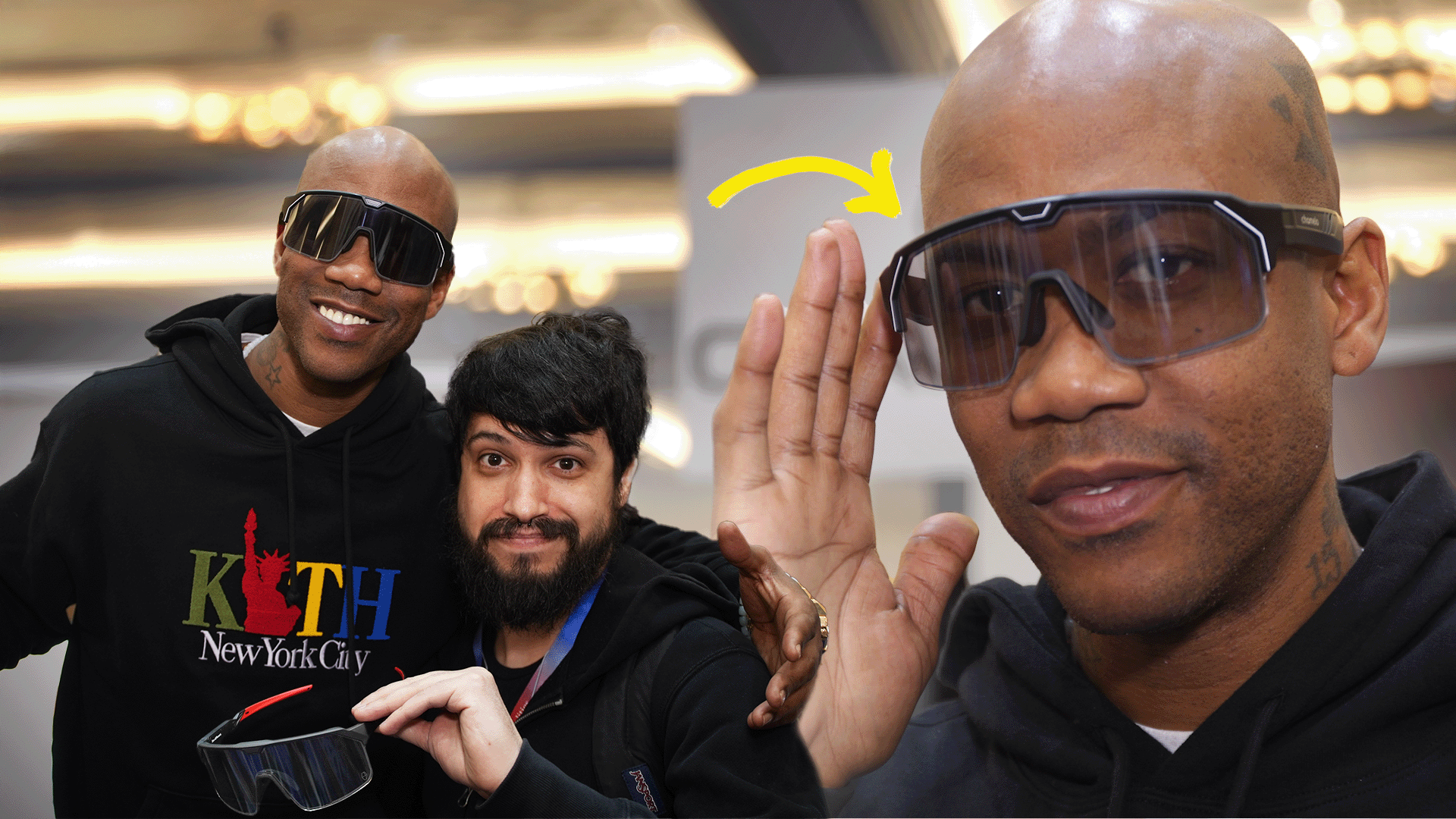 Left: Stephon Marbury pose for a picture with the Chamelo glasses at CES. Right: close up of Marbury wearing a set of the glasses.