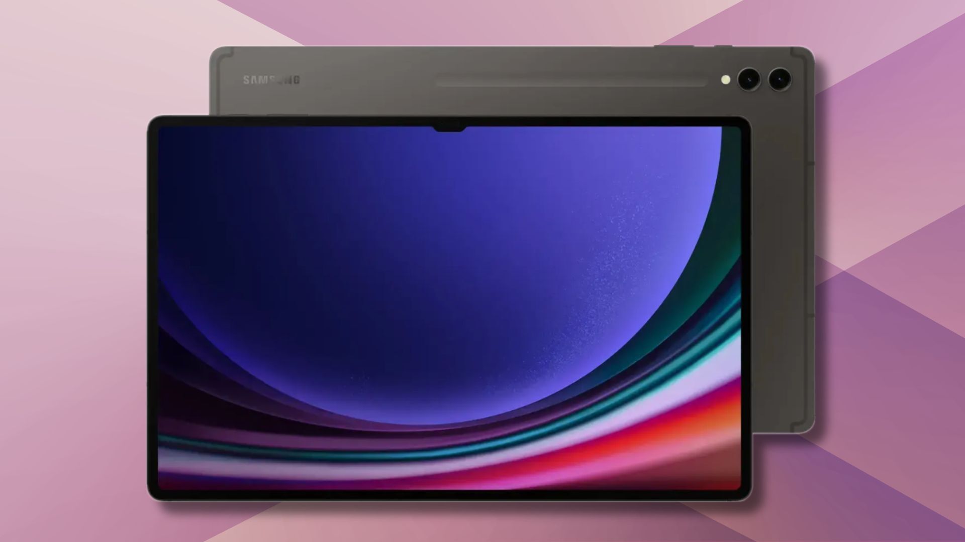 samsung galaxy tab s9 ultra tablet against a purple geometric background