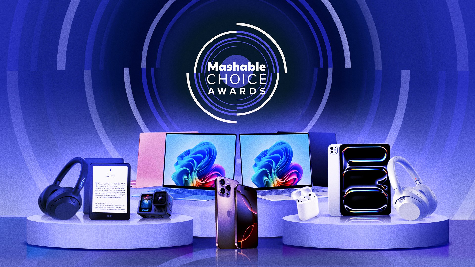 tech products on pedestals with Mashable Choice Award banner