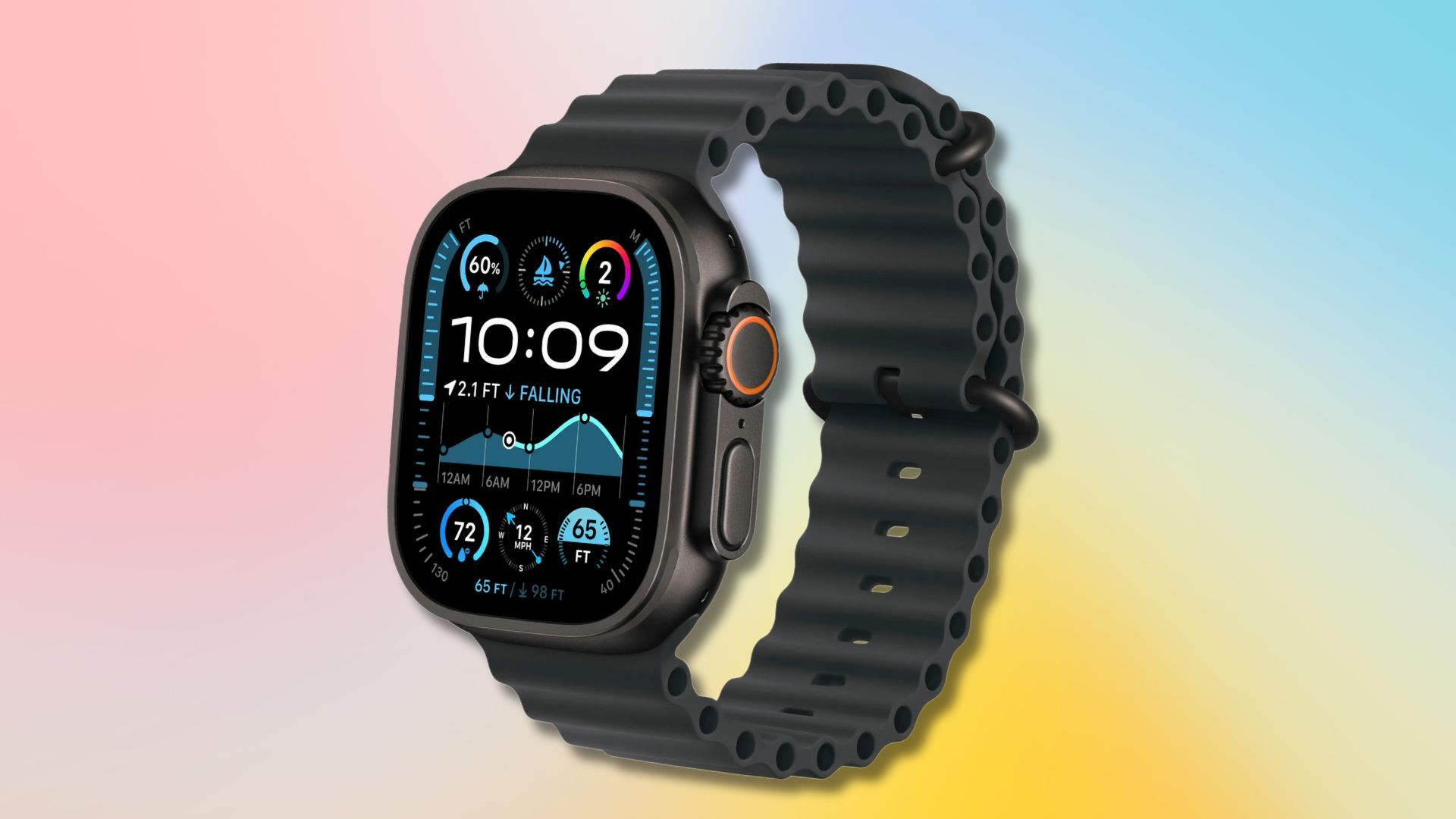 apple watch ultra 2 against a red, blue, and yellow background