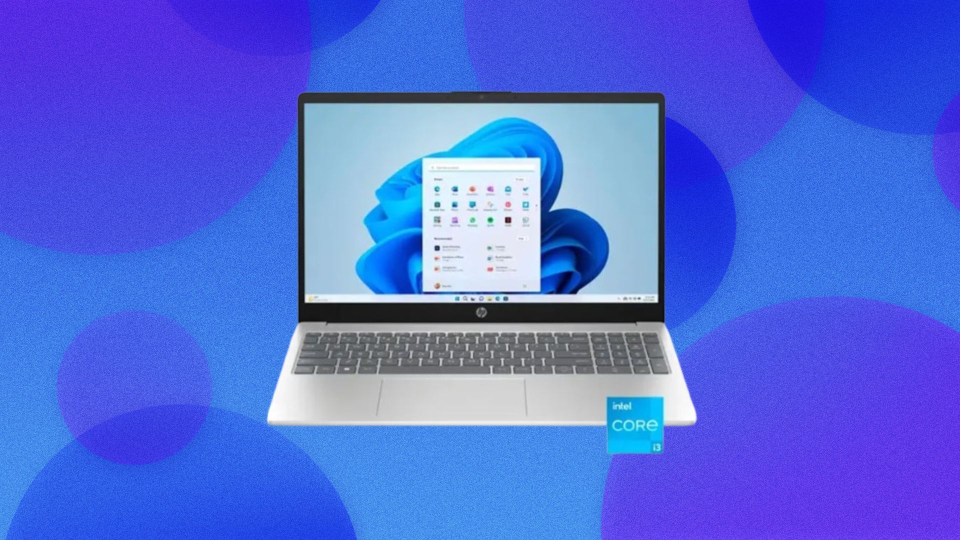 An HP laptop in silver floats on an abstract background with blue bubbles, the Intel i3 logo is superimposed over part of the laptop.