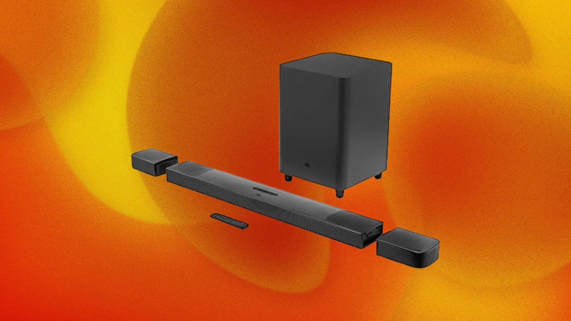 A multi-piece black, JBL soundbar appears on a swirly orange and yellow background.