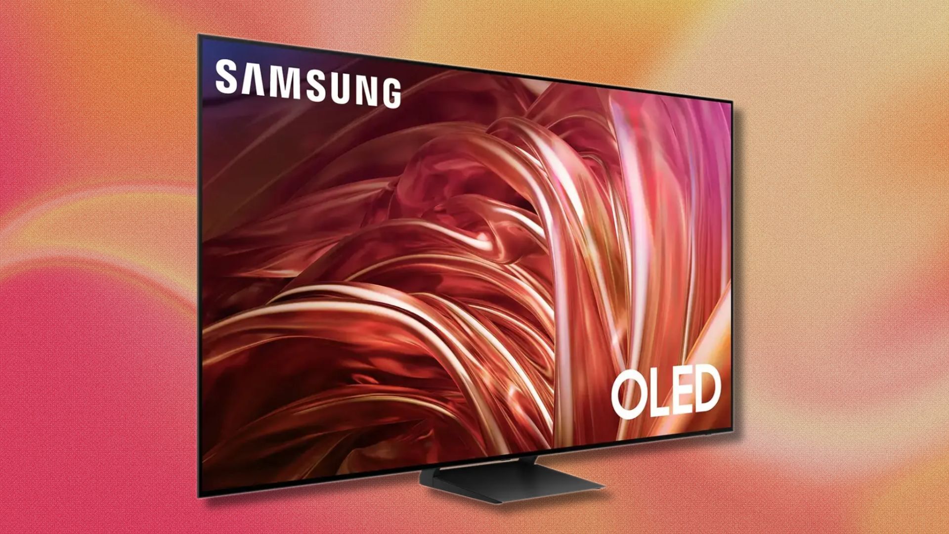 samsung s85d oled 4k tv angled on a pink and orange swirling background