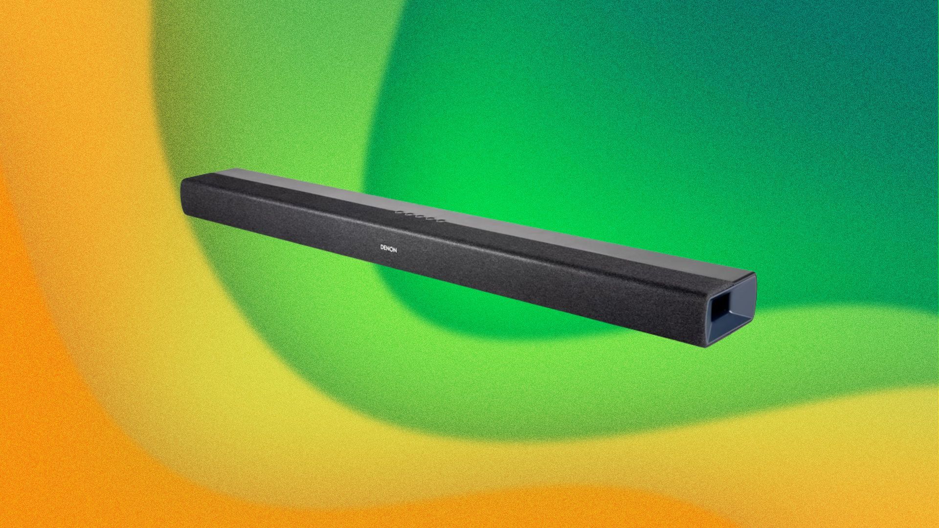 A Denon soundbar appears on a swirly green and yellow background.