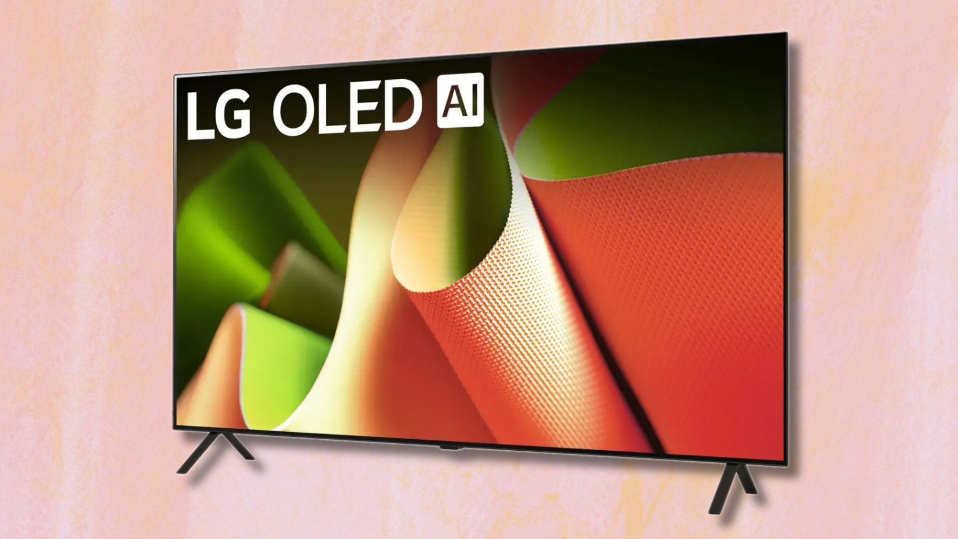 lg b4 oled tv angled on a light pink and orange background