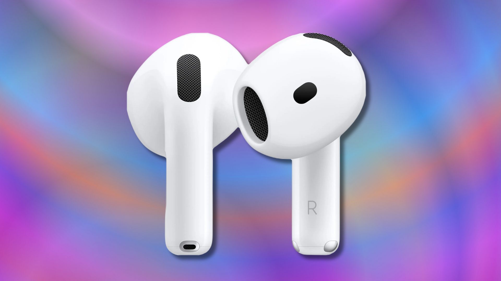 apple airpods 4 earbuds on a purple, blue, and orange striped background