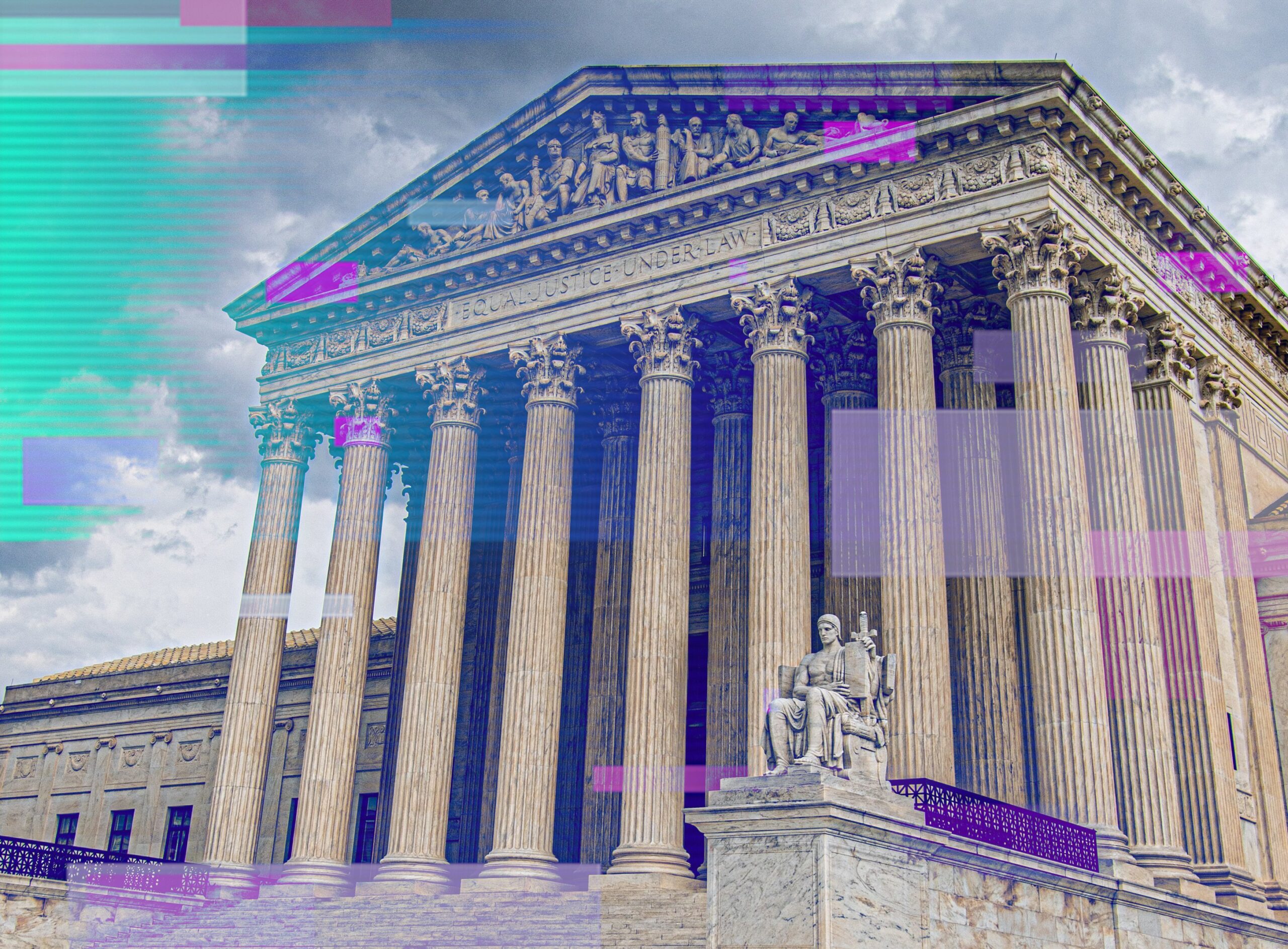 The facade of the U.S. Supreme Court overlaid with a multicolored, digital filter. 