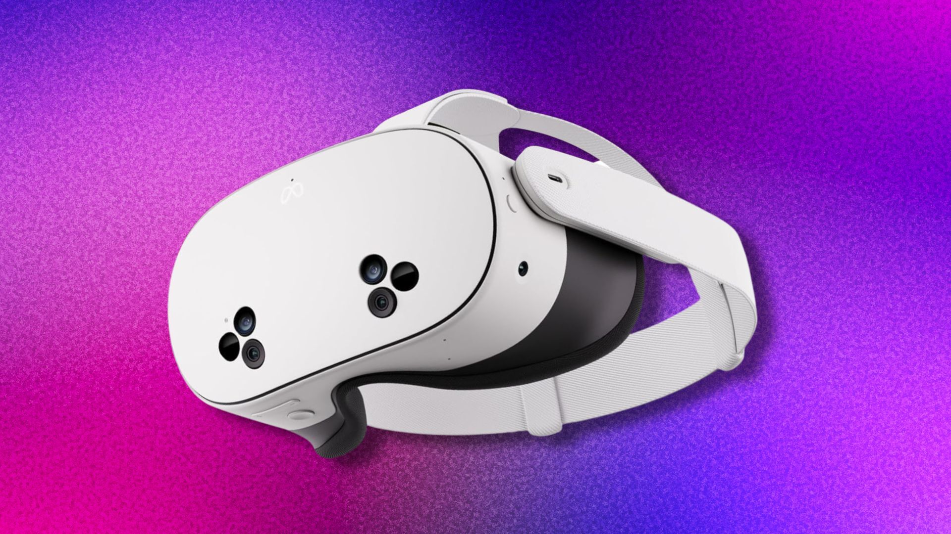 meta quest 3s vr headset on a dark blue and hot pink gradient background