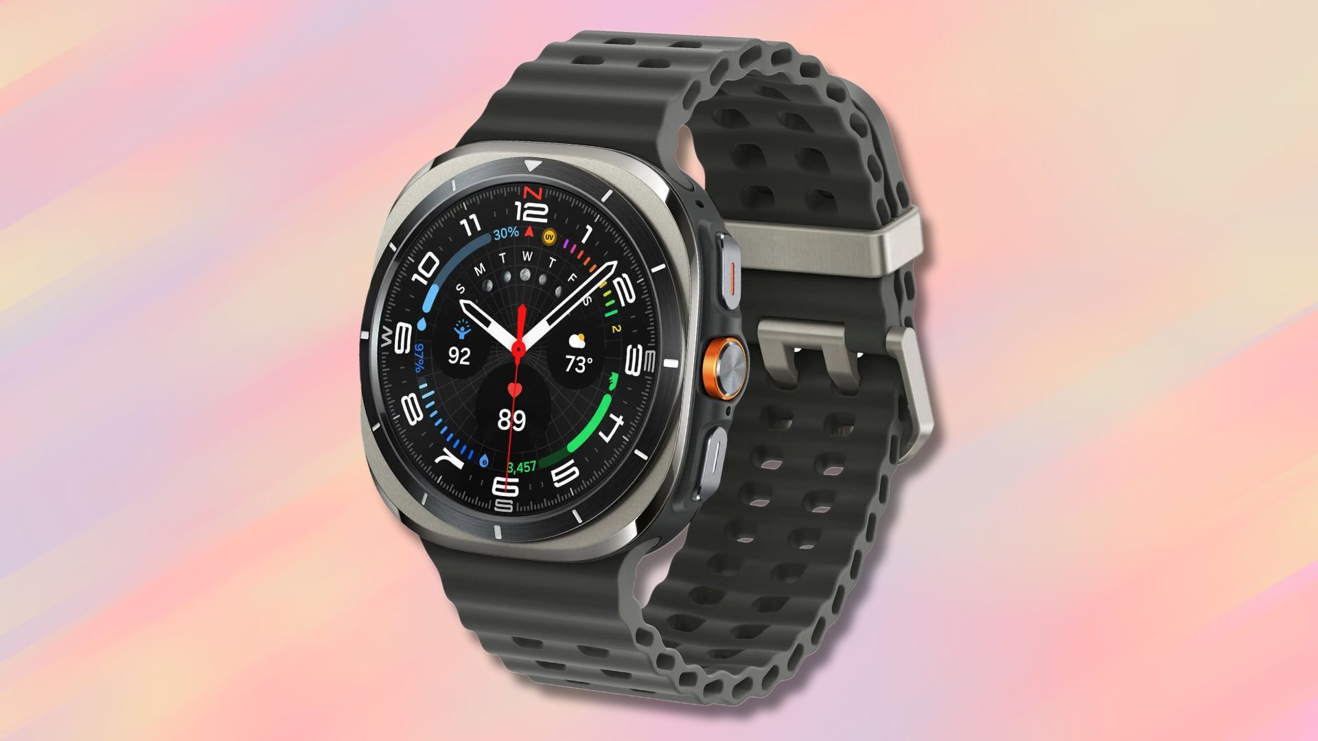 titanium silver samsung galaxy watch ultra against a pink, yellow, purple, and orange striped background