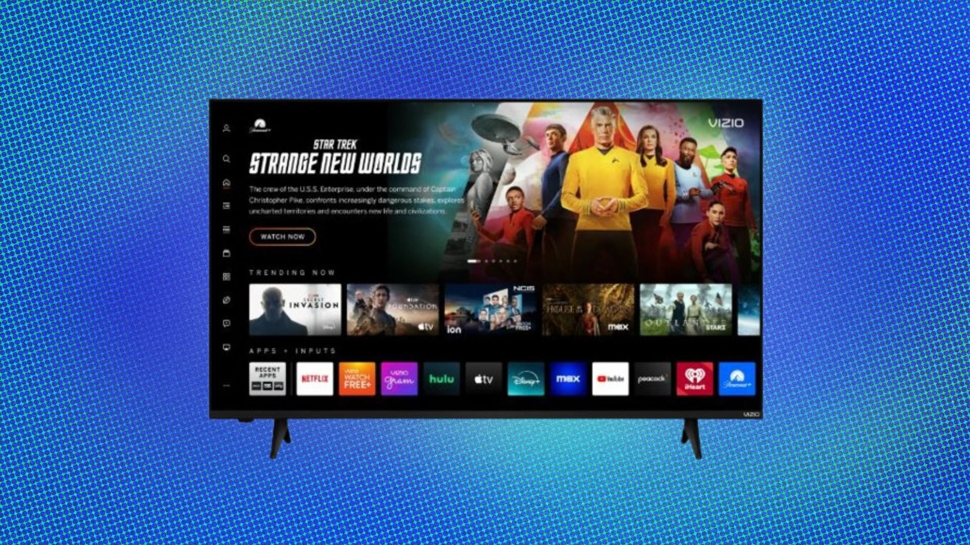 A black Vizio TV appears on a blue and white background with various TV programs on its screen including Star Trek: Strange New Worlds.