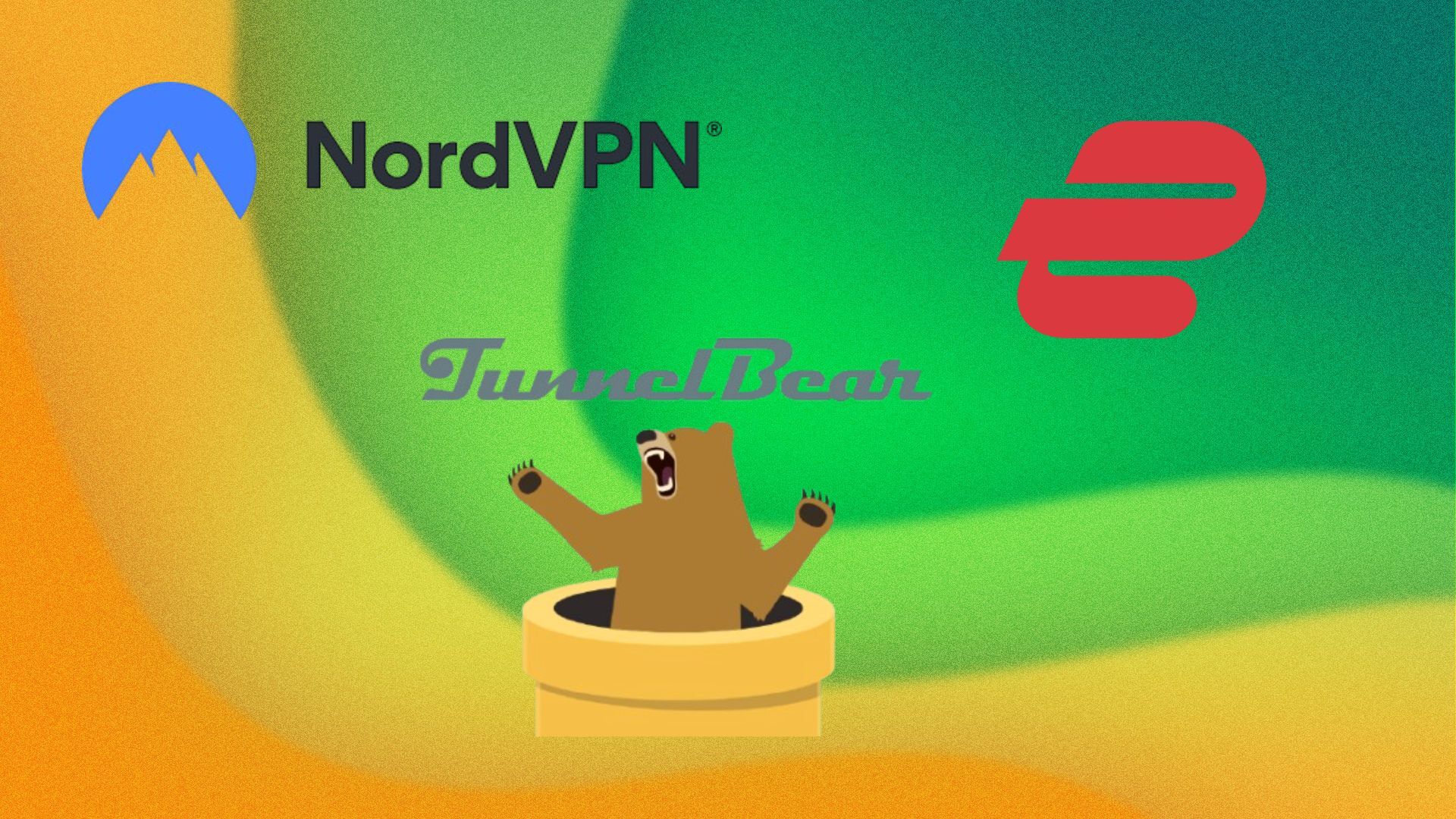 The logos of NordVPN, TunnelBear, and ExpressVPN appear on a green and yellow swirly abstract background.