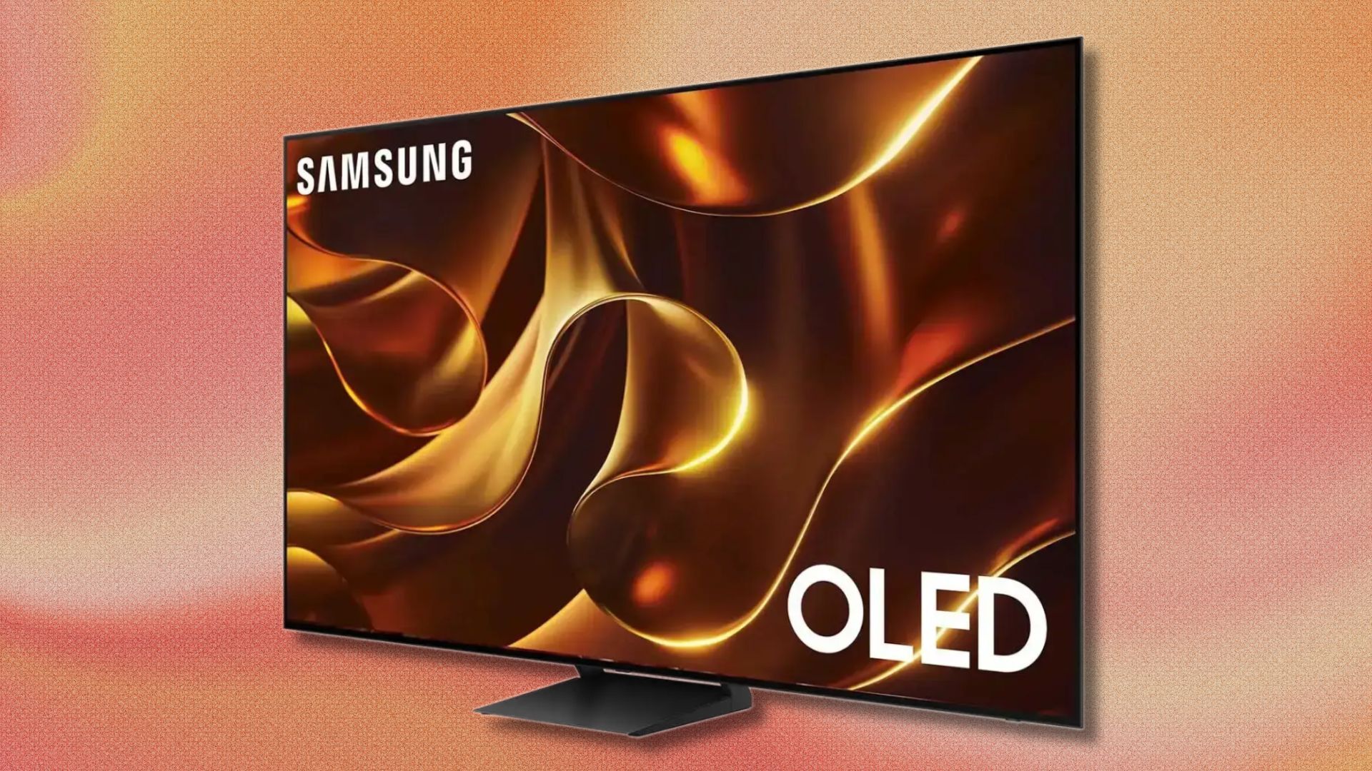 samsung s84d 4k oled tv angled on an orange and pink swirling background