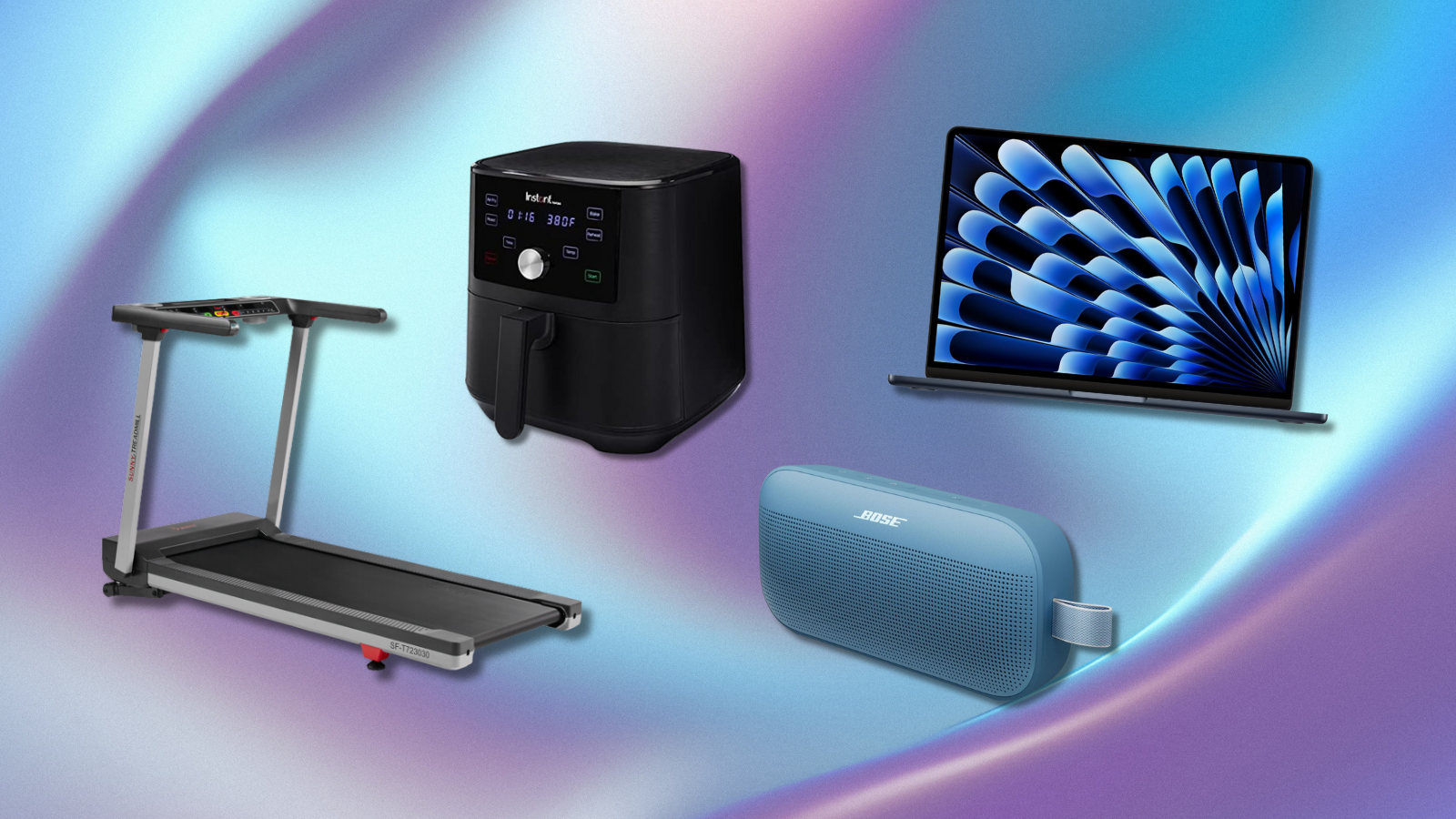 Sunny Health & Fitness treadmill, Instant Vortex, Bose SoundLink Flex, Apple MacBook Air with blue and purple background