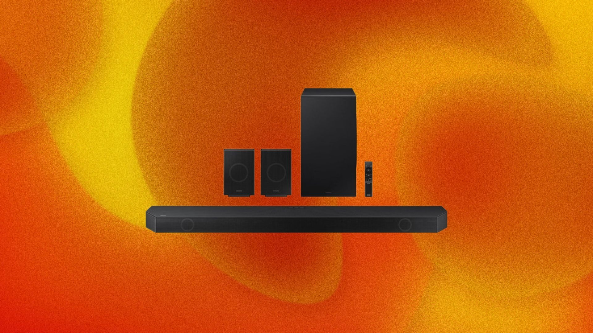 Five Samsung speakers appear on an orange and yellow swirly background.