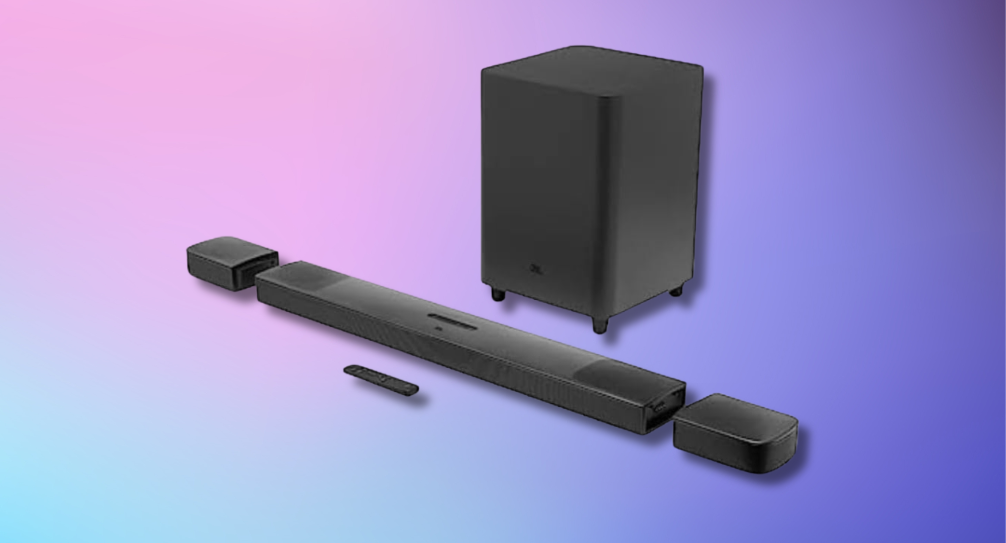 The JBL Bar 9.1 channel soundbar with detachable wireless speakers and a subwoofer, laid out on a gradient blue and purple background.