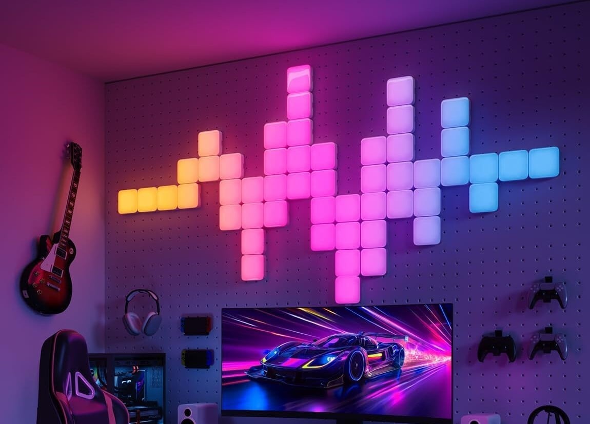 the govee mini panel lights are lit up in a heart beat pattern above a gaming computer and desk