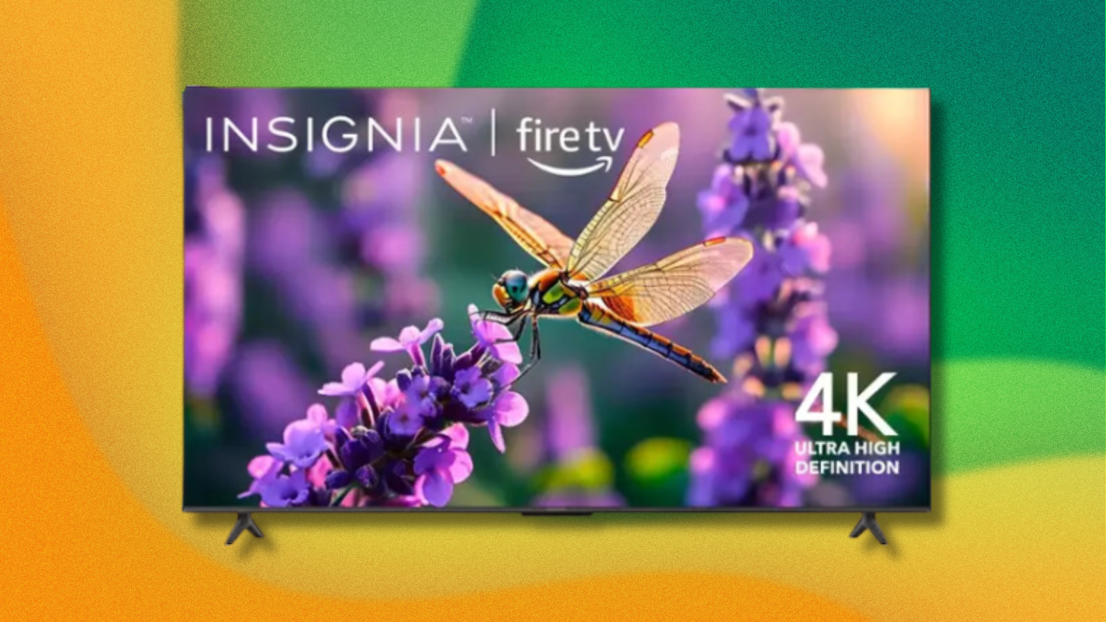 Insignia 65-inch F50 Series 4K HD Fire TV on green and yellow abstract background