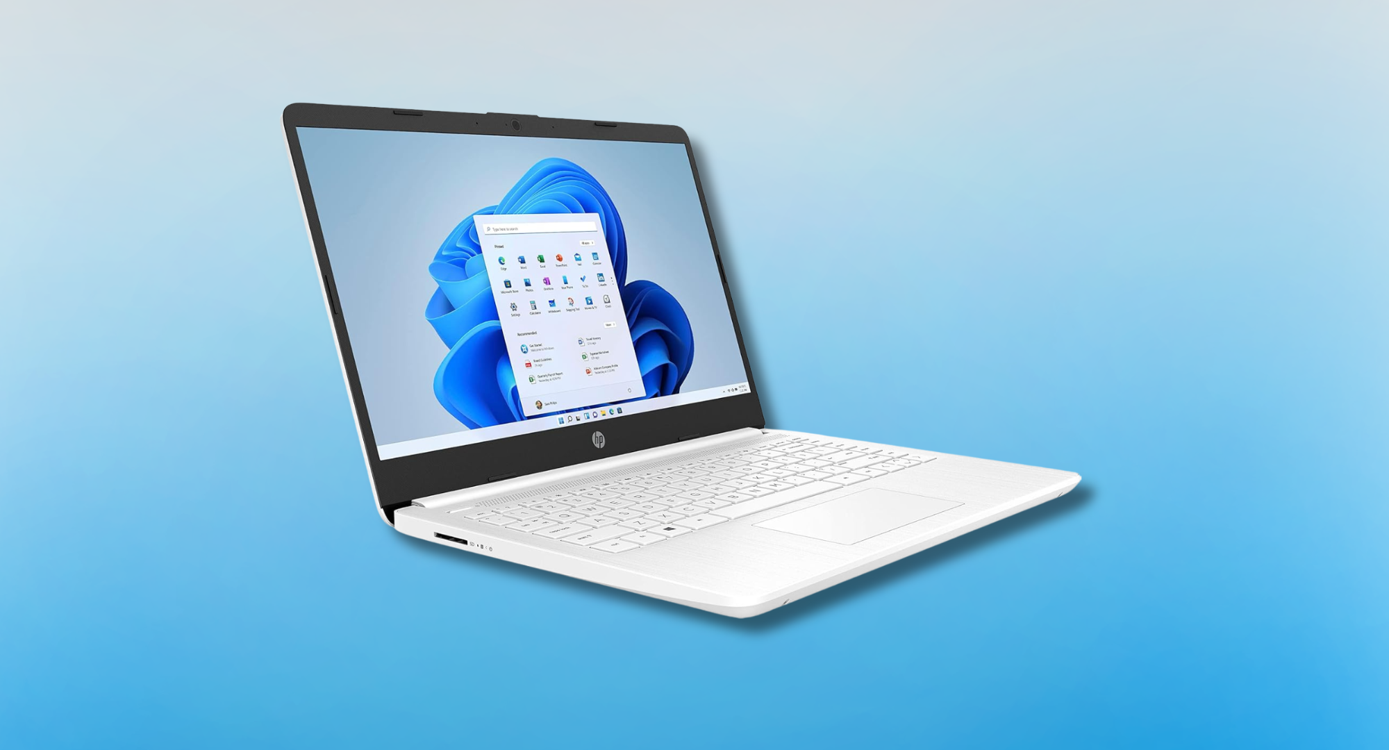 A white HP 14-inch laptop open and displaying the Windows 11 desktop against a bright blue background.