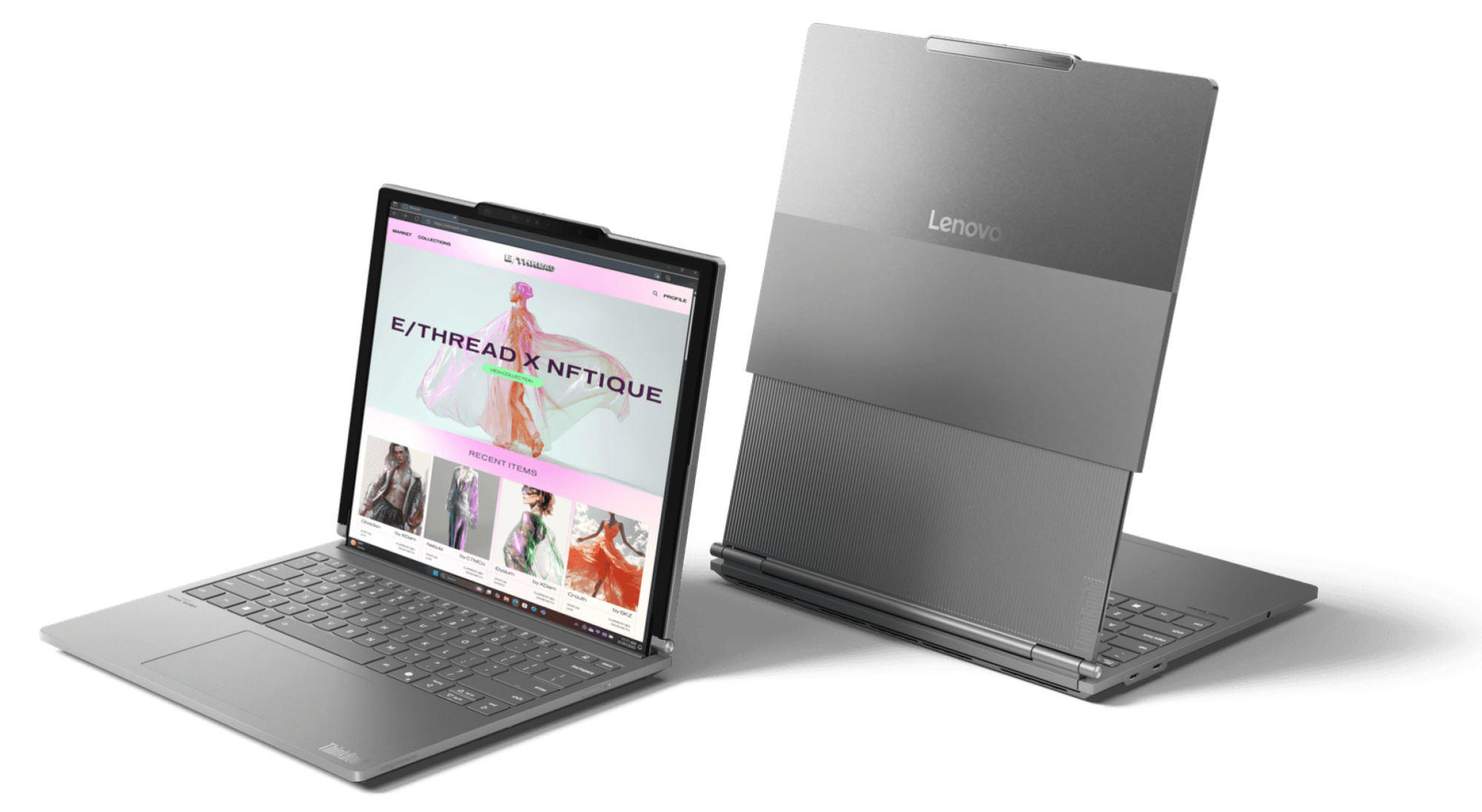 Two laptops side by side show the ThinkBook Plus Gen 6 laptop when extended and not extended. 