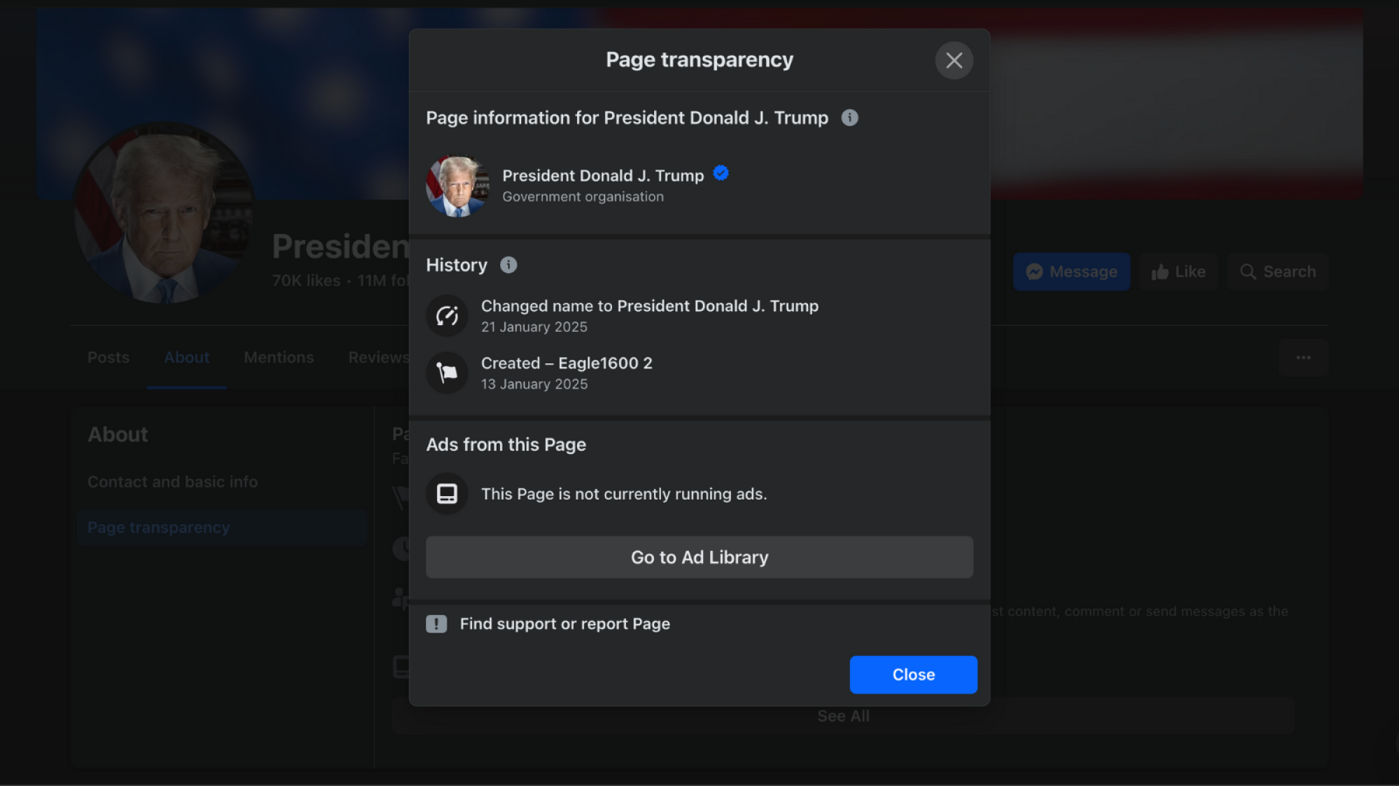 A screenshot of the page transparency information from the POTUS Facebook page, showing that the page was created on 13 January 2025 and renamed to President Donald J. Trump on 21 January 2025.