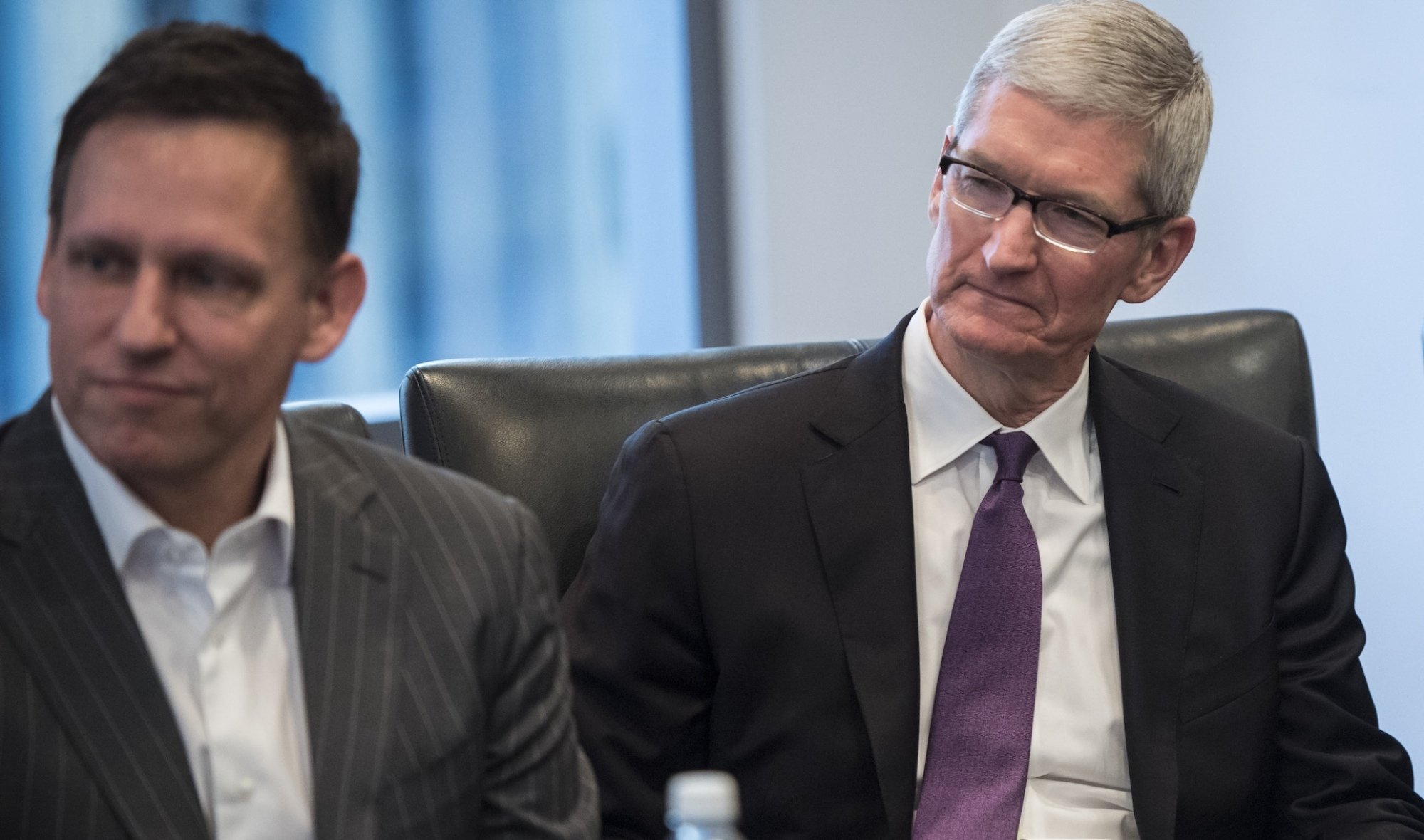 Peter Thiel and Tim Cook sit at a table looking to the left