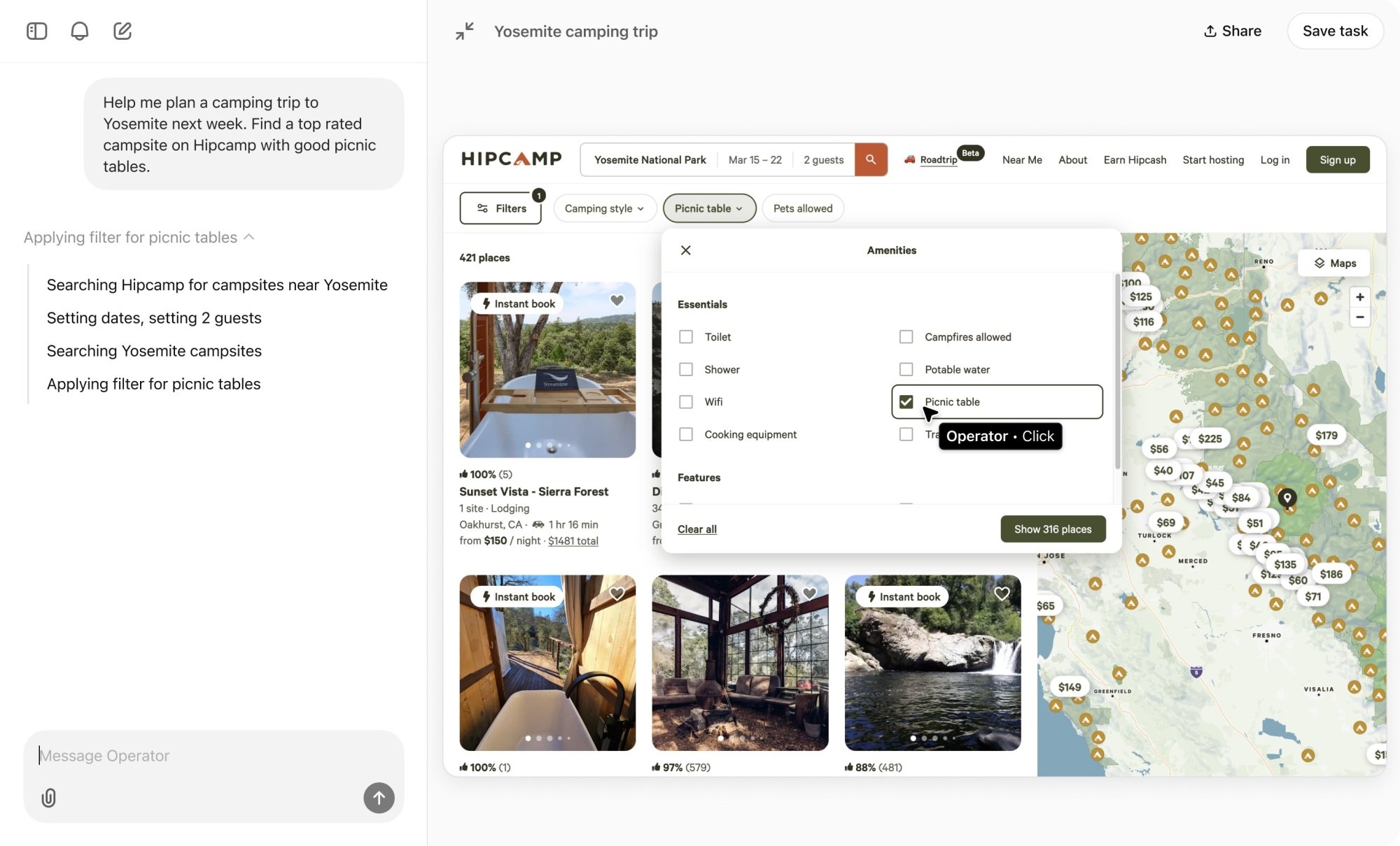 OpenAI Operator in action browsing for a camping trip in Yosemite based on the initial user prompt.