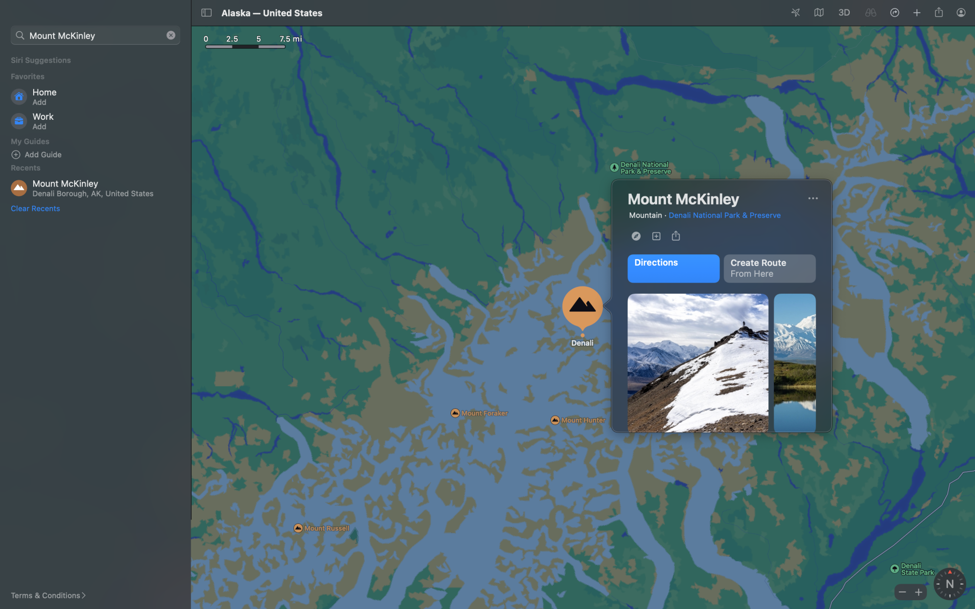 A screenshot of Apple Maps showing a search for Mount McKinley.