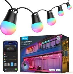 Govee Smart Outdoor String Lights 2 (144-feet) box with string lights above it