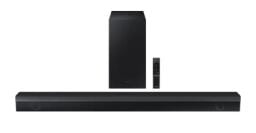 A Samsung soundbar and subwoofer appear on a white background as though stark black rectangles on a snowy field.