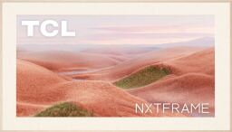 A TCL 65" Nxtframe QLED TV appears, showing a pink orange alien landscape.