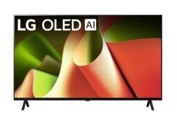 A screen appears on a white background with curled shapes in red and green. Text reads LG OLED AI.