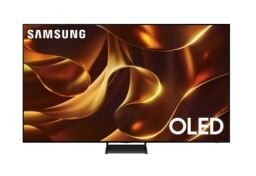 A Samsung OLED TV appears on a white background with curly gold-orange swirls on its screen.