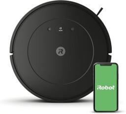 An iRobot Roomba Vac Essential appears on a white background with a cellphone displaying the iRobot logo.