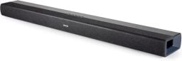 A black Denon soundbar looking like a long rectangle, appears on a white void.