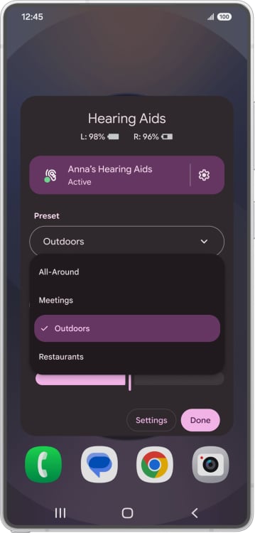 A screenshot of a Samsung Galaxy homescreen showing a hearing aid setting controls menu.