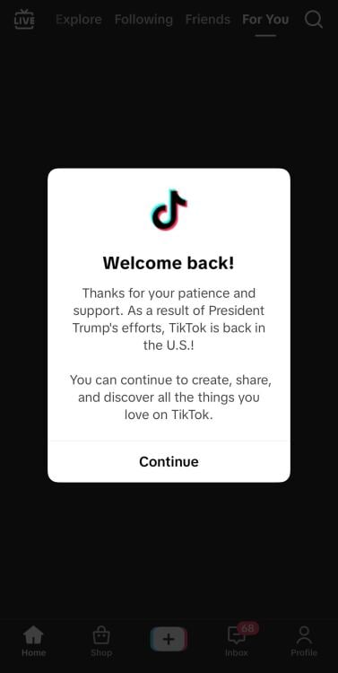 A screenshot of a pop up notification in the TikTok app.