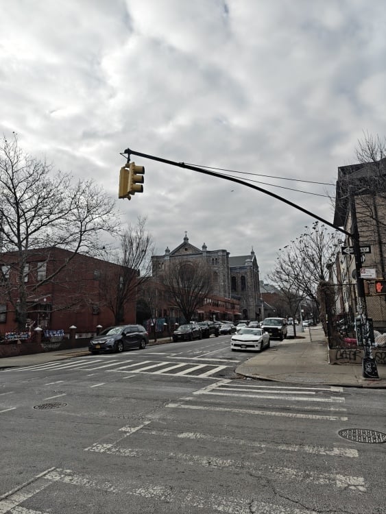 Shot of a street corner in Brooklyn in cloudy, grey weather