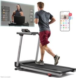 man running on Sunny Health & Fitness Premium Foldable Treadmill