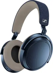 sennheiser momentum 4 denim colored headphones on a white background