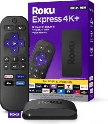 roku express 4k plus streaming stick and box against a white background