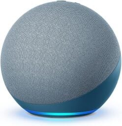 a twilight blue amazon echo against a white background