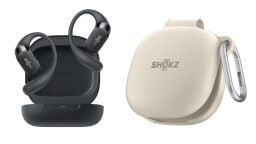 a pair of shokz openfit 2 earbuds with a shokz protective case