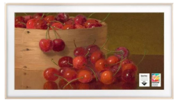 A Frame TV appears on a white background displaying an image of a basket of cherries, a Pantone logo appears on the bottom right.